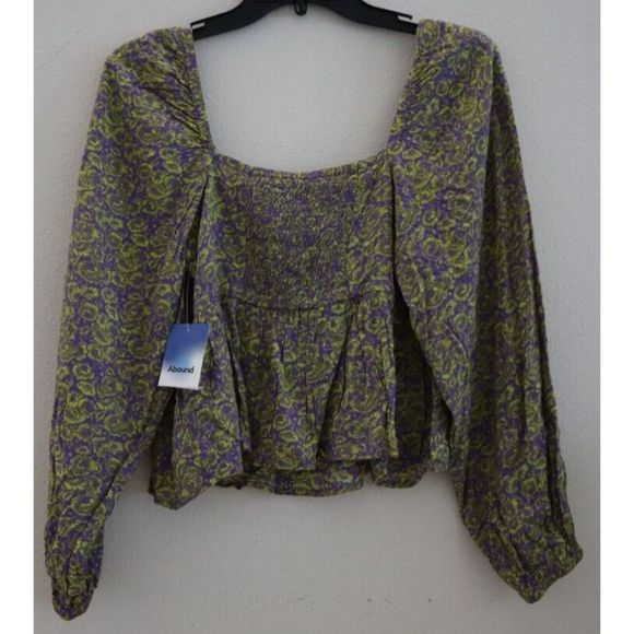 Abound Top Women's Sz S Violet/Yellow Floral Print Square Neck Cropped L/S Top - Picture 2 of 9